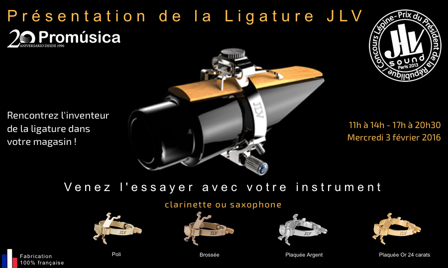 Présentation de la Ligature JLV pour clarinette et saxophone chez Promusica à Séville en Espagne