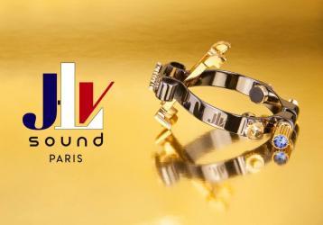 Photo du Logo JLV Sound France et Photo produit Ligature JLV plaquée platine & or 